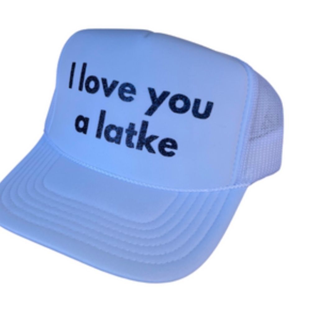 I Love You A Latke White Trucker Hat Blue Glitter BRAND NEW Snap Back Tags Mesh